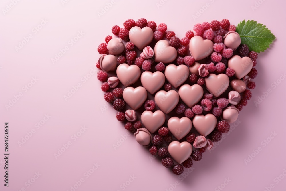 Poster a heart-shaped arrangement made of raspberries, with additional heart-shaped berries surrounding it.