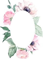 Watercolor Oval Shaped Frame with Ranunculus and Anemones