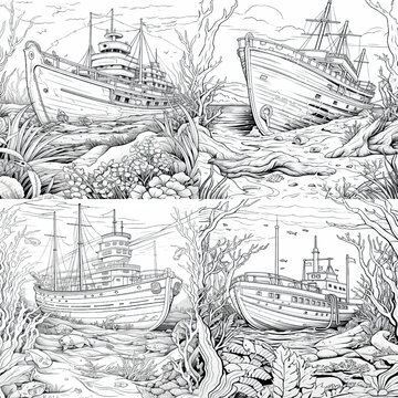 coloring pages for kids, treasures and ship wrecks white and black Illustration