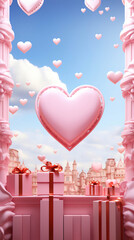 Romantic Pink Heart Balloon and Gifts Floating in a Cloudy Sky