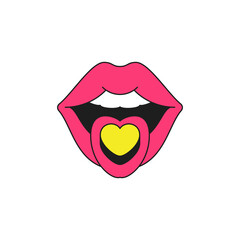 Pink female lips open mouth with teeth heart surreal cartoon element groovy style icon vector flat