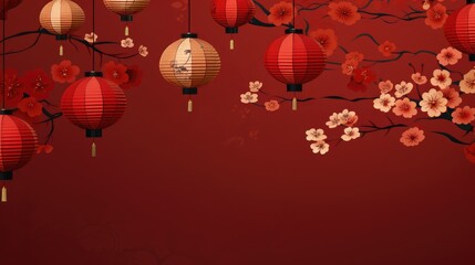 Chinese lanterns hanging decorations and sakura blossoms on red background, Elegant design for Chinese New Year greeting card ,copy space for text.