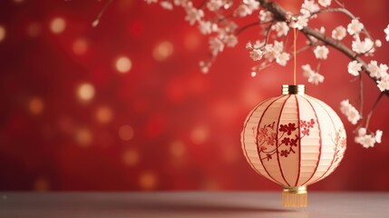 Chinese lanterns hanging decorations and sakura blossoms on red background, Elegant design for Chinese New Year greeting card ,copy space for text. - obrazy, fototapety, plakaty