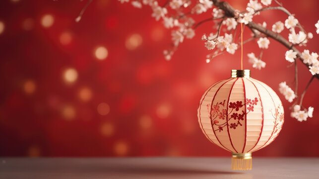 Chinese lanterns hanging decorations and sakura blossoms on red background, Elegant design for Chinese New Year greeting card ,copy space for text.