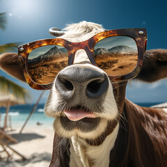 portrait of a cow on a beach wearing sunglasses. Generative AI.