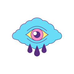 Blue cloud with crying tears drop eye psychedelic cartoon groovy icon vector flat illustration