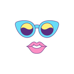Fototapeta premium Summer woman sunglasses and lips funky comic Y2k groovy style icon vector flat illustration