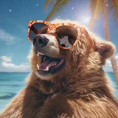 portrait of a bear on a beach wearing sunglasses. Generative AI.