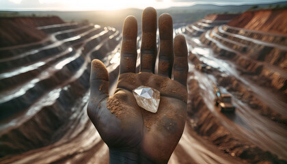 A miners African hand holding a rough cut diamond in the palm of his hand.  - obrazy, fototapety, plakaty