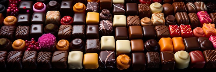 Fototapeta premium variety of chocolates in a close-up view, presenting an assortment of delectable flavors and textures.