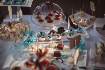 Baby shower event, decorations and cakes in blue colour. Sweets and cake on the table ready for party. A beautiful sweet candy bar with muffins, cakes, fruits, marshmallows and toppers.