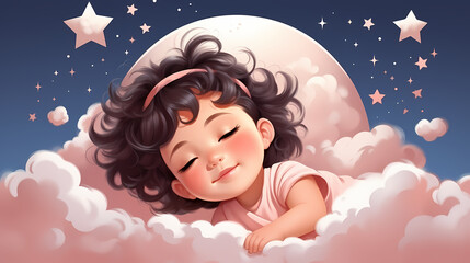 Obraz na płótnie Canvas Cartoon kid Girl sleep at night, wake up at morning.