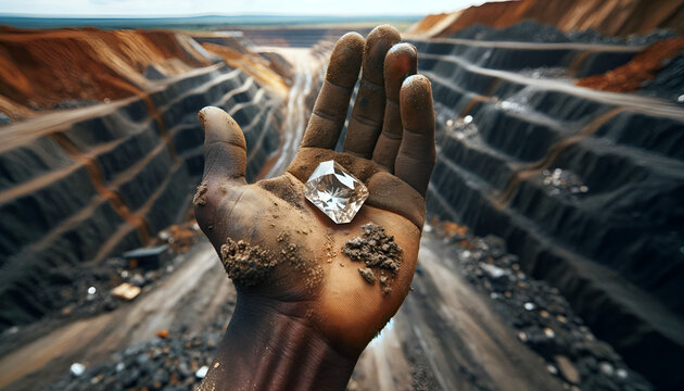A miners African hand holding a rough cut diamond in the palm of his hand. 