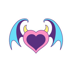 Y2k evil vampire bat heart with horns and wings trendy groovy style icon vector flat illustration