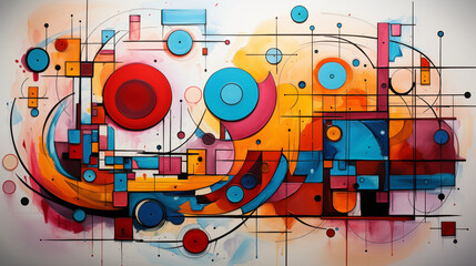 A colorful abstract painting with geometric shapes and patterns. A vibrant and eye-catching abstract painting that uses various geometric shapes and patterns to create a sense of movement and harmony
