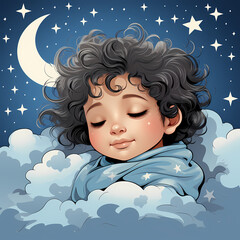 Cartoon kid Girl sleep at night, wake up at morning.