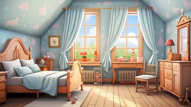 Cozy interior bedroom with bed, wardrobe, bedside tables. Illustration.