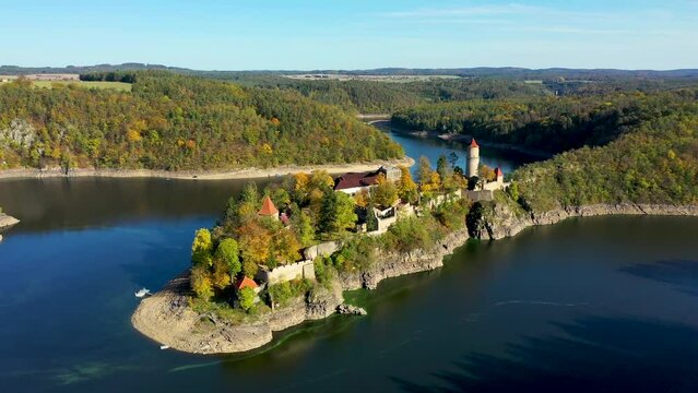Aerial view of Zvikov castle, Czechia. Zvikov castle at the junction of the Vltava and Otava rivers, South Bohemian Region. Zvikov Castle in south of Bohemia in Czech Republic.