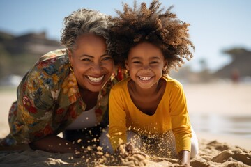 Joyful Beach Day: Grandmother and Granddaughter Sharing a Sunny Smile
