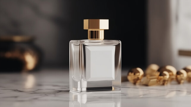 Closeup mockup of rectangle glass bottle perfume standing on the table of luxury interior