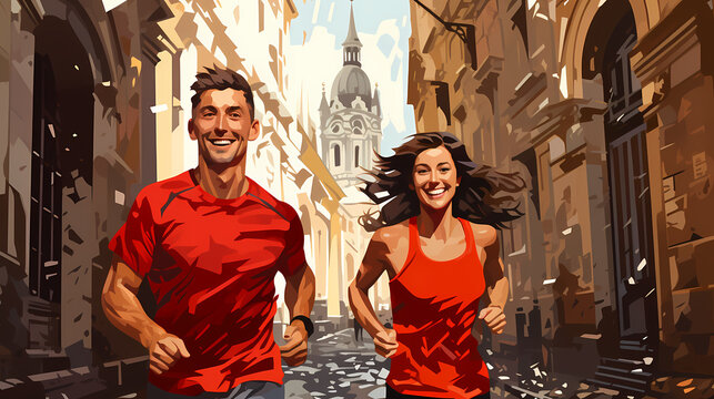 Happy young couple running so fast on city street, illustration of beautiful sunny day sport outdoor
