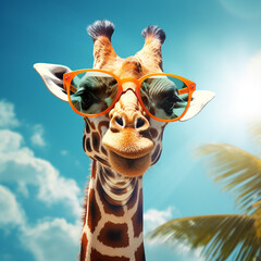 portrait of a giraffe on a beach wearing sunglasses. Generative AI.