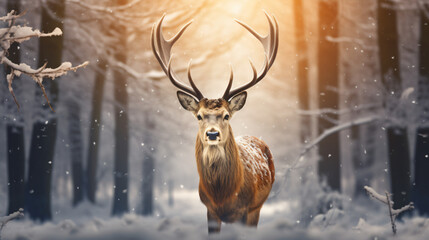 Noble deer male in winter snow forest