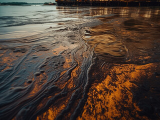 Oil slicks on the water at dusk.