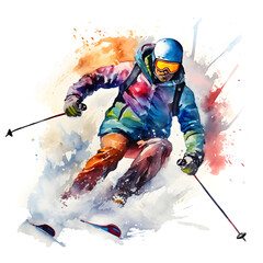 Colorful Skiing watercolor painting with a white background
