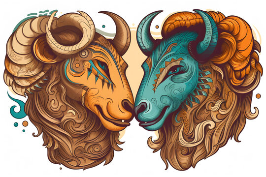 Farm animals portrait. bull ram vintage tattoo sketch. Neural network AI generated art