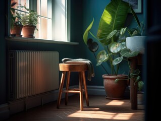 Stool in front of a window in a room with plants.