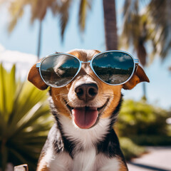 portrait of a dog on a beach wearing sunglasses. Generative AI.