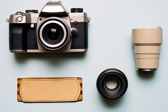 A camera, a lens, and a leather case on a table