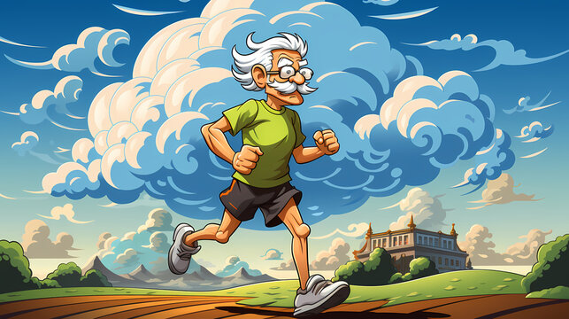 Happy old man running so fast, illustration of beautiful sunny day sport outdoor