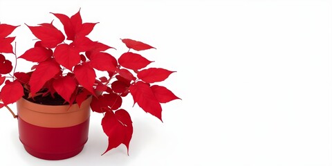 Decoration plant with red autumn leaves in a pot on white background with copy space for text