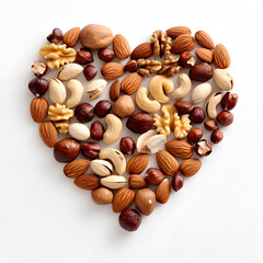 Various nuts in the shape of a heart isolated on a white background