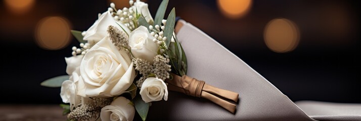 Close-up of the groom's boutonniere, decoration of the groom's clothes to match the bride's flowers