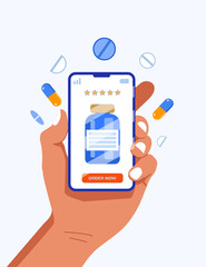 Mobile Meds Marketplace: Order, Diagnosis, and Expert Consultation via Smartphone. Online pharmacy concept. Hand holding pharmacy app with medical rate of medicine