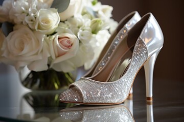 Beautiful bride's bouquet and festive shoes close-up
