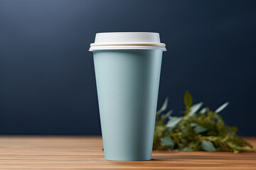 Minimalist Pastel Blue Coffee Cup on Wooden Surface