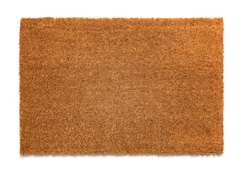 Natural brown coconut fiber doormat. Plain natural dry carpet on white background - obrazy, fototapety, plakaty