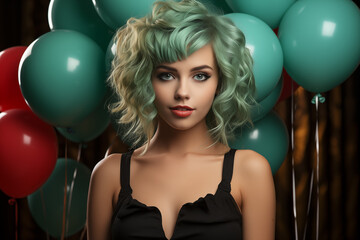 Zielone Falowanie: Dziewczyna z wyrazistym makijażem i zielonymi włosami. Jej intensywne spojrzenie podkreśla indywidualność, a tło z kolorowymi balonami dodaje lekkości tej kompozycji. - obrazy, fototapety, plakaty