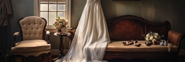 Preparations for the wedding, the bride's wedding dress hangs on a hanger in the hotel interior, banner