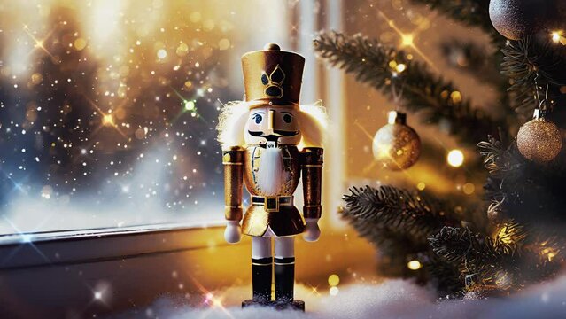 Christmas decoration festive nutcracker soldier , animation of falling snow