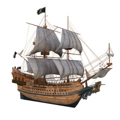 Old wooden pirate ship in full sail with a carved woman figurehead on the bow. Isolated 3D illustration. - obrazy, fototapety, plakaty