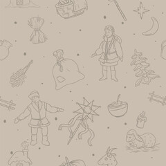 Fototapeta na wymiar Christmas seamless vector pattern for gift paper with ukrainian christmas traditions and elements