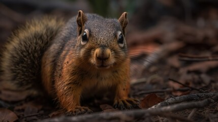 A closeup shot of a red squirrel on the ground in the forest. Wilderness Concept. Wildlife Concept.