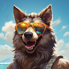 portrait of a wolf on a beach wearing sunglasses. Generative AI.