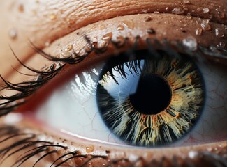 Close-up of a human eye with a golden iris looking at the camera, with drops of water on the...