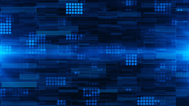 Blue mosaic background in technology concept. Abstract blue LED squares and particles. Technology digital square blue color background. Blue pixel grid background. 3D rendering